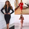 Sexy tiefem V-Ausschnitt Low Cut Bandage Bleistiftkleid Bodycon Langarm Damen Party Elegante rote Kleider Schwarz Büro Damen Vestidos 210507