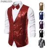 Kamizelka męska Czerwona Cekinowa z Bowtie Gilet Homme Marka Slim Fit V Neck Glitter Kamizelka Mężczyźni Party Stage Prom Pokaż Kostium 210522