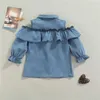 Barn flickor casual mode långärmad denim klänning, toddler baby fall fest mode solid färg ruffles single-breasted klänning g1026