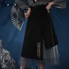 Harajuku 2 sztuk Zestawy Vintage Koszula Z Krawatem + Bezregularny Siatka Szycie Długa Spódnica Kobiety Chińskie Jesień Haftowane Hip Hop Garnitury 210619