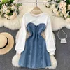 Kuzuwata coréen Hit couleur Patch sans bretelles Denim Robe femmes taille haute hanche une ligne Slim Vestidos O cou à manches longues pull Robe 210423