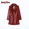 Faux läder lång kappa kvinnor röd svart plus storlek jackor höst casual slim vänd krage pu jacka 210428