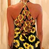 Kuelawer Womens Summer Off Shoulder Shirts Tank Tops Casual Sleeveless T-Shirts Backless Camisole Sunflower Print Hollow Out Top Women's T-S