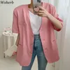 Sommar Koreanska Mode Kvinnor Jacka Kortärmad V-Neck Bandage Toppar Rosa Coat Casual Solid Ladies Outwear 210519