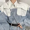 Elegante Patchwork Denim Jacket voor Dames Revers Puff Long Sleeve Hit Color Casual Jassen Vrouwelijke Mode 210524