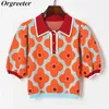 Summer Lapel Color contrast Flower Jacquard Puff sleeve Knit Cropped Top Women Chic Flower Button Thin Sweater 211103