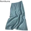 Nomikuma Kontrast Renk Ekose Etek Kadın Yaz Rahat Bağbozumu Yüksek Bel Orta Buzağı Etekler Japonya Tarzı Faldas Mujer 210514