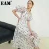 [EAM] Kobiety White Wzór Drukowana Długa Dress Round Neck Krótki Rękaw Loose Fit Fashion Spring Summer 1DD8736 210512