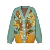 Van Gogh Tournesol Vintage Manches Cardigan Pull En Tricot 2021 Femmes Élégant Luxe Broderie Tricots Pulls Streetwear Tops G0119