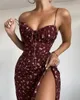 Kobiety Seksowna Moda Burgundy Folal Party Dress Elegancka Celebrity Split Długi Prom Cocktail Bodycon 210527