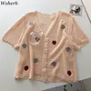 Cardigan lavorato a maglia Summer Switch Maglione Cappotto V-Neck Strawberry Giacca da ricamo Coreano Hollow Out Vedere attraverso Top Femme 210519