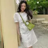 Korejpaa Kobiety Sukienka Summer Korea Chic Delikatne Eleganckie O Neck Design Lace Crochet Bubble Rękaw Długa Vestido Kobieta 210526