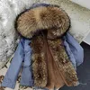 MAOMAOKONG Winter Kleiden Natürliche pelzmantel Echten Waschbären Pelz Kragen Parkas Faux Pelz Futter Kurze Jacke Frauen Mantel 211206