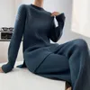 Vår 2 Piece Suit Sweater Kvinnor Tracksuit Höst Stickad 2 Varma Turtleneck Pullovers + Wide Leg Pants 210531