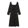 Elegante abito longuette nero a maniche lunghe da donna Primavera Cartoon Fruit Print Split Dress Summer France Chiffon Vestido 210520