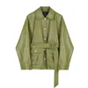 Spring Women Pu Leather Motorcycle Jacket Female vintage Solid Color Jackets Ladys With Belt green coat 210430