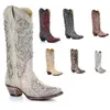 Botas Femininas Taupe Inlay Western Cowboy Botas Europeias Americanas Moda Retrô Salto Grosso Manga Pontuda Botas Femininas