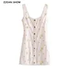 Femmes Sun Flower Print Mini robe sans manches Blanc Sweet Spliced Wood Ears Volants Bouton central avant Slim Fit Tank Party 210429