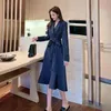 Dubbelbröst Striped Office Ladies Dress Women Full Sleeve Notched Collar Belted Long Dresses Workwear Fashion Blazer Vestido 210513