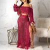 Summer Crochet Dress Beach Wear 2 Piece Crop Top And Skirt Set For Women Long Sleeve Tassels Slash Neck Two Knit Sets 220221