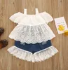 Peuter baby meisje kleding sets effen kleur off shoulder holle borduurwerk Smock blouses kant patchwork denim shorts 2pcs