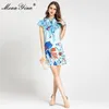 Verano elegante azul floral vestido corto mujer mariposa manga volante estampado animal fiesta vintage mini vestidos 210524