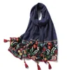 Lace Broderi Bomull Scarf Women 2020 Vintage Blomstryck Sjalar och Wraps Solid Tassels Pashmina Lady Foulard Hijab Femme