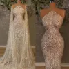 Vestido de Noiva Sereia com Lantejoulas Brilhantes com Envoltório Ilusão Vestidos de Noiva Princesa de Dubai Robe De Soiree Costura Turca Abendkleider Vestidos de Noiva