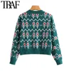 Women Fashion Geometric Pattern Cropped Knitted Cardigan Sweater Vintage Long Sleeve Button-up Female Outerwear Chic Tops 210507