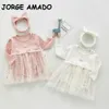 Primavera Bebê Bebê Bodysuit Starry Sky Vestidos dos desenhos animados coroa macacão com headwear nascido estilo doce crianças roupas E65 210610