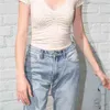 夏の女性Vネックソフトと伸縮性のある花柄プリントフィットティーTシャツの女性ショートベースシャツ210529