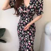 Koreaanse chique vintage zomer zoete hoge taille lace up slim v nek bladerdeeg korte mouw split floral jurk dame feest avond sexy 210610