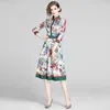 Banulin Lente Zomer Mode Runway Shirt Dres's Lange Mouw Elegante Floral Stripe Print OL Geplooide Midi 210623