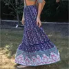 Floral Print Bohemian Long Skrits Womens High Waist Blue Hollow Out Maxi Skirt A-line Summer Casual Bottoms 210427