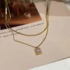 Minimalistiska smycken guldpläterad ormben kedja zirkon hängande halsband Double Layer Square Cubic Zirconia halsband