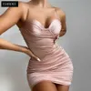 Isarose Spagetti Kayışı Elbise Yaz Saten İpek Pembe Kolsuz Dantelli Düz Renk 2 Katmanlar Seksi Düşük Kesilmiş Kablolu Parti Elbiseler 210422