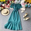Korobov zomer bohemien strand jurk slash nek off schouder ruches vintage jurken hoge taille trompet elegante vestidos 210430