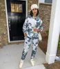 Loungewear Women Two Piece Pants Set Tie Dye Långärmad Hoodies Sweatshirt BF Style Baggy Trousers Workout Kläder Streetwear 210525