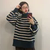 Tappning randig tröja kvinnor turtleneck lösa stickade pullovers kvinnliga lykta ärm knitwear höst vinter jumper 210519