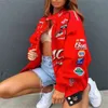 Femmes rouge imprimé Bomber veste à manches longues fermeture éclair Streetwear Baseball uniforme femme Harajuku lâche tout match manteau 210928