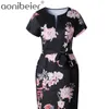 Plus Size Summer Flowers Print Curved Hem Women Casual Dress Rolled Up Sleeve Striped High Waist with Sashes 210604