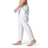 Pantaloni in lino di cotone bianco Pantaloni da yoga leggeri allentati casual da uomo Spiaggia estiva lunga da uomo con bottone con coulisse Fly 210715