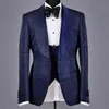 Donanma Mavi Çiçek Jakarlı Damat Smokin Düğün Slim Fit 3 Parça Erkekler Suit Ceket Yelek Siyah Pantolon Man Moda 2020 x0909