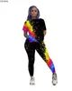 CM.YAYA active wear women painted print two piece set short sleeve tee tops pencil long pants suit sweatsuit tracksuit outfit 211105