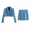 Случайные женщины V-образным вырезом Однонародный куртка пружины-осень моды дамы высокого уличного пальто женский синий плед короткий блейзер 210515