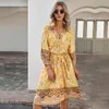 women spring summer dress Bohemian holiday style floral printed with long sleeves O-neck 210524