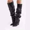 Damen-Stiefel zum Hineinschlüpfen, kniehoher Stiefel, kegelförmiger Absatz, plissiert, modischer Highs-Absatz, Damen-Design-Schuhe, Ritterschuh