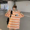Koreanska Vintage Rainbow Striped Woman T-shirts Floral Patch Summer All Match O-Neck Kawaii Söt Fashion Ropa Mujer 210519