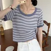 Lucyever coreano listrado camisa básica de t para as mulheres moda o pescoço de manga curta t-shirt Mulher casual selvagem fundo de fundo 210521
