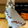 Branco Alta Laço Baixo Uma Linha Prom Vestidos De Manga Curta Flor Artesanal Appliques Vestidos De Noite Ruffles Feito Personalizado Made Robes de Soirée